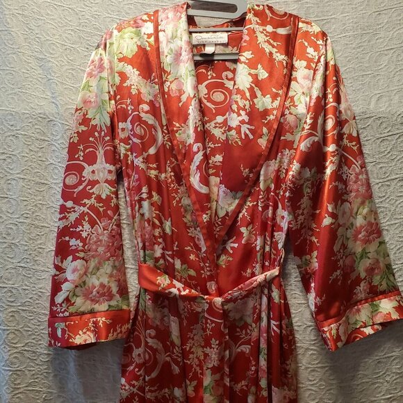 Vtg Oscar dela Rente Pink Label Robe Sm FloralLuxury ShimmerSatin Kimono Lounge